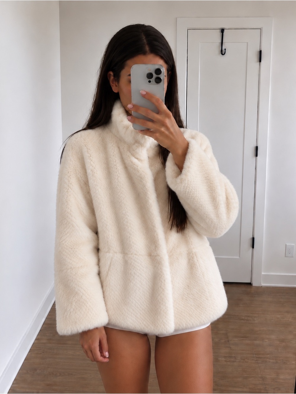 GUESS Cream Faux Fur High Neck Jacket